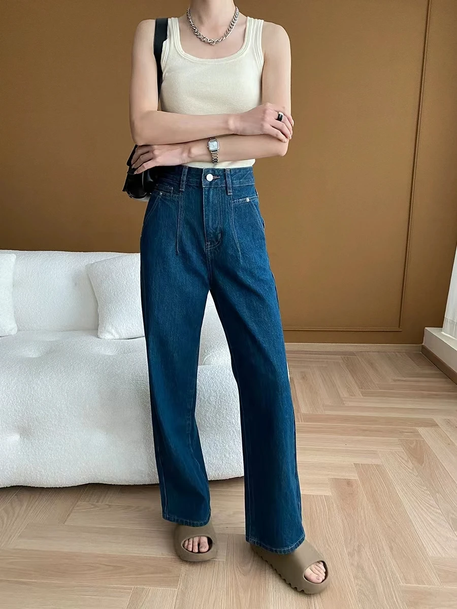 

Fashionable Blogger Style Retro High Waisted Pleated Design For Slimming Straight Leg Wide Leg Jeans