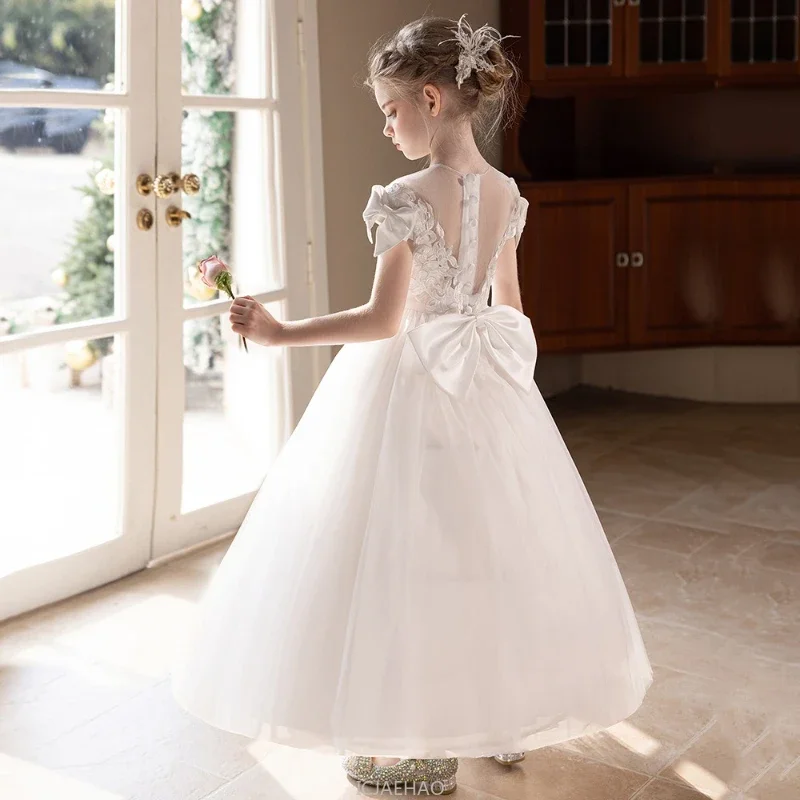 

Wed Dress 2025 Белые свадебные платья для девочек-подростков Вечернее платье Праздничная одежда Костюм Платье Тюлевое бальное платье с большим бантом подружки невесты