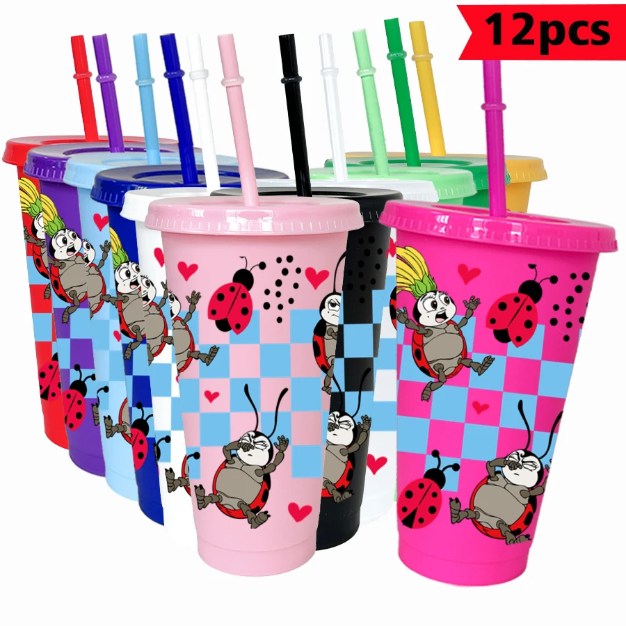 12 pièces/paquet Disney, coccinelle, tasse d'eau en plastique multicolore de 26oz, ensemble de boissons de fête, cadeau d'anniversaire/de rentrée scolaire