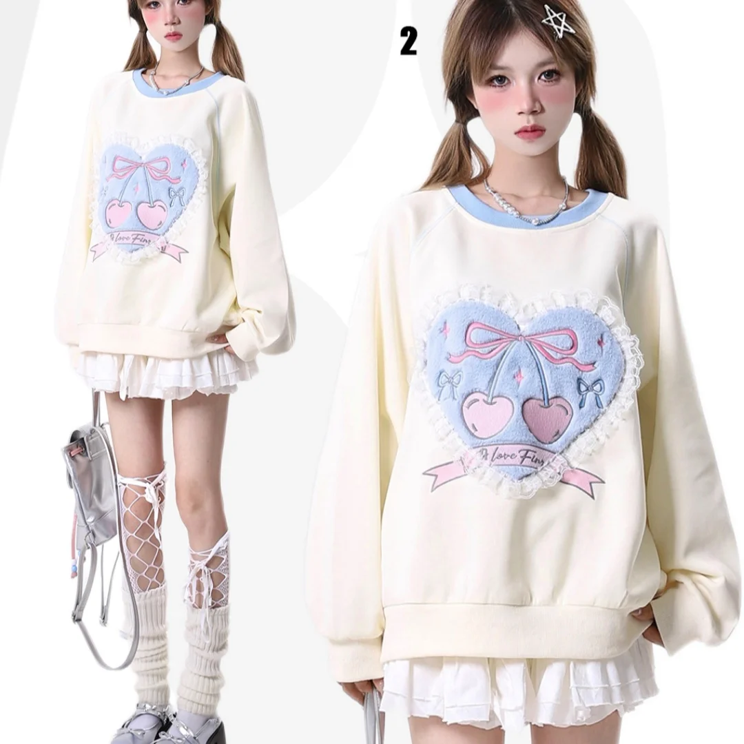 Thicken Fleece Winter Velvet Tops Lolita Style Girls Cute Love Lace Cherry Embroidery Sweatshirt Loose Baggy Pullover Japanese