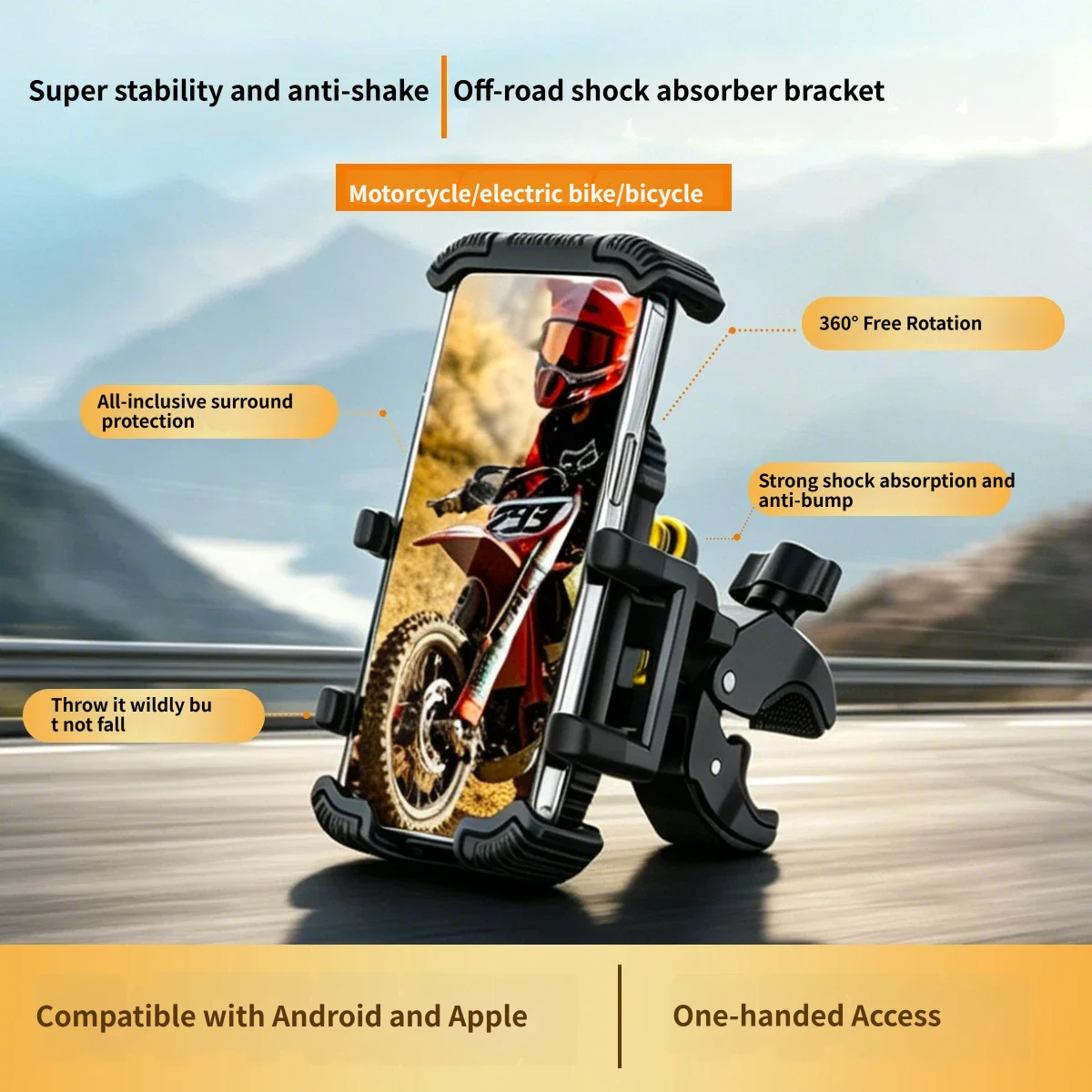 Universal Motorcycle/Bicycle Phone Mount – Durable ABS, Adjustable Handlebar Clamp, Anti-Shake