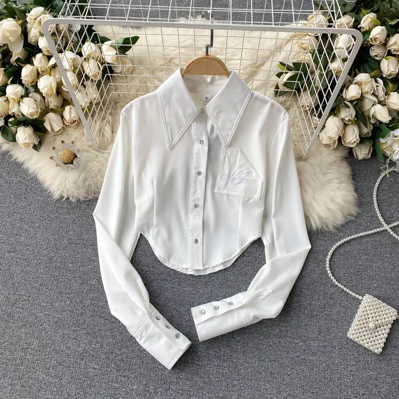 French Irregular Satin Shirt Women\'s Spring Autumn 2022 Chic Slim Long Sleeve Short Embroidered Cropped Navel Chiffon Top