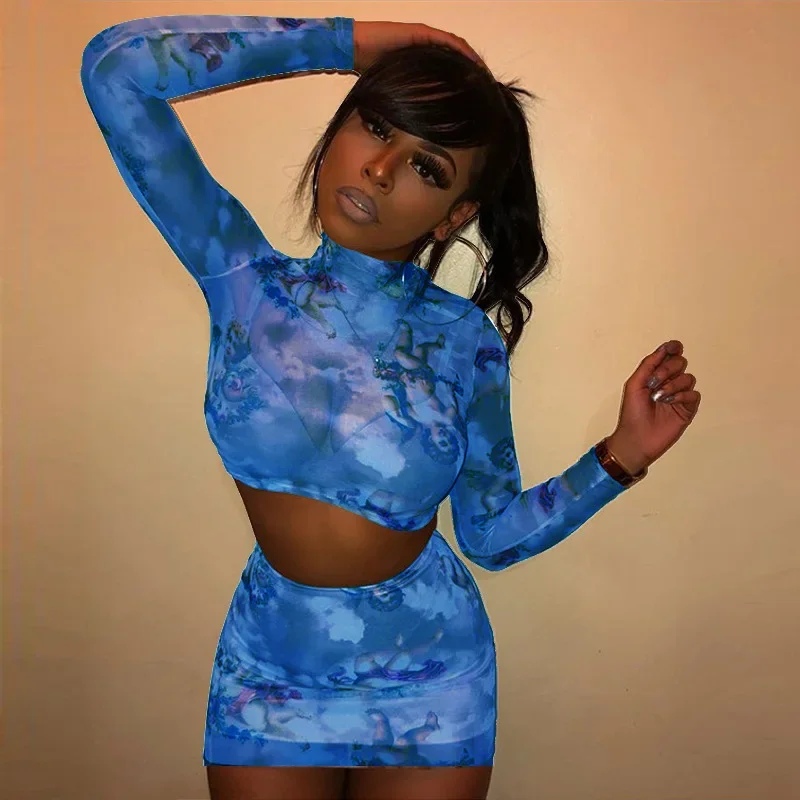 Sexy Women Two Piece Set Printed See-through Mesh Dress Summer Long Sleeved Slim O Collar Top and Mini Skirt Night Club Clothes