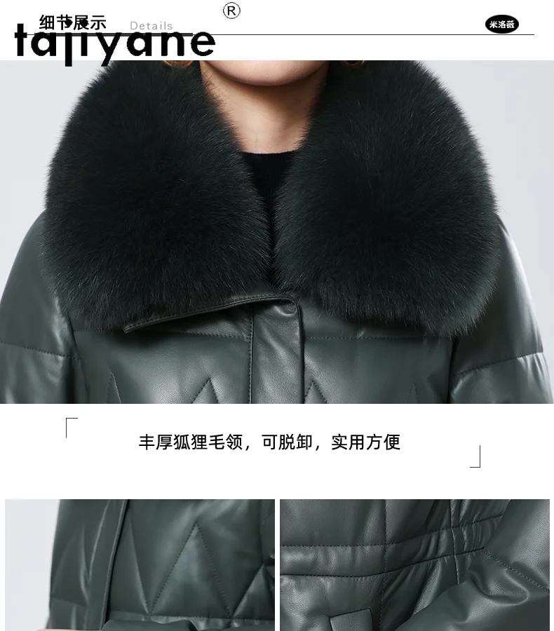TAJIYANE 100% الطبقة العليا جلد الغنم أسفل معطف امرأة الأخضر جلد طبيعي طويل سترة منفوخة الثعلب الفراء طوق 2025 الملابس الشتوية