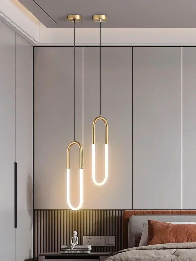 Modern LED Nordic Line Ceiling Chandeliers Minimalist Bedside Pendant Lamp Bar Counter Double Head Bedroom Small Hanging Light