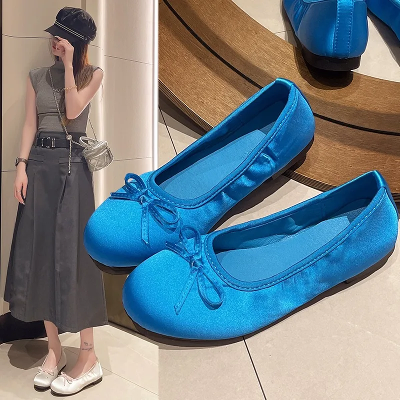 Newest Designer Slip on Women Silks Flats Shoes Fashion Butterfly-knot Ladies Outdoor Comfort Soft Sole Mary Jane Shoes