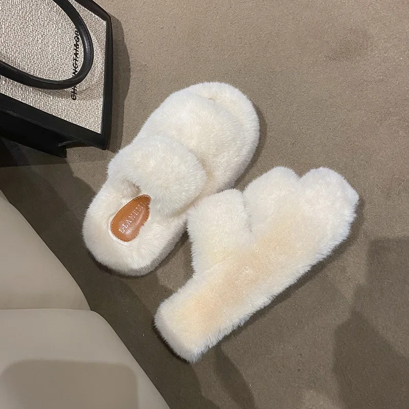 Large size 7CM thick bottom with plush leather printing on the inner lining, fashionable and casual plush slippers slides