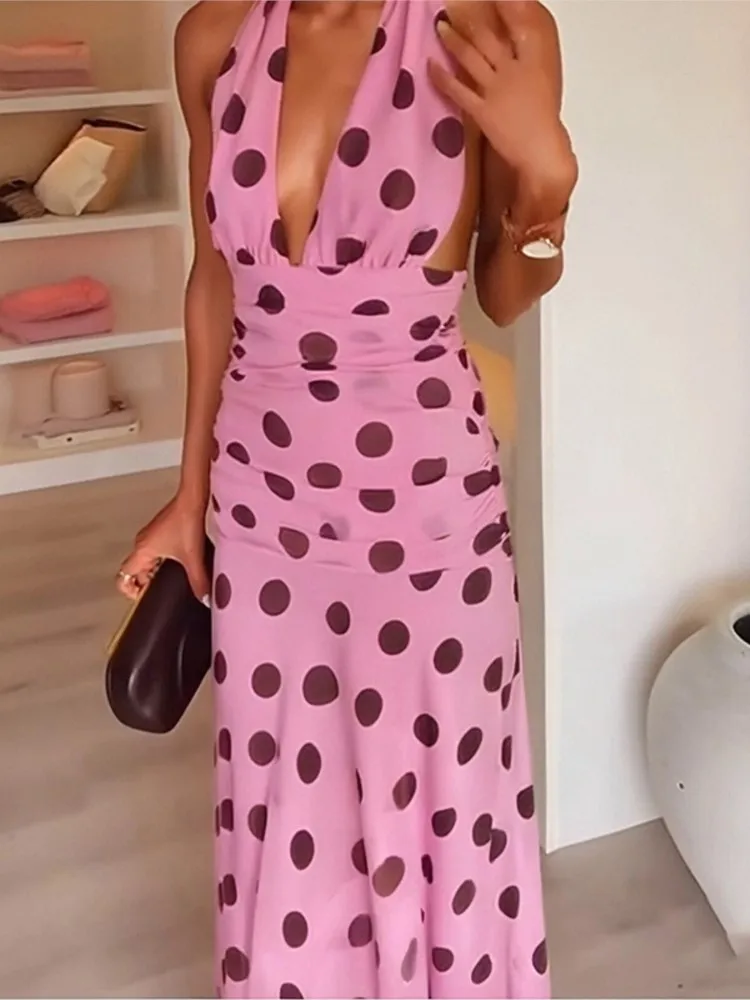 

Винтажное платье, платья 2025 года, женское платье с бретелькой на шее, без рукавов, в горошек, с v-образным вырезом, контрастная, тонкая, для отпуска, праздничная женская одежда