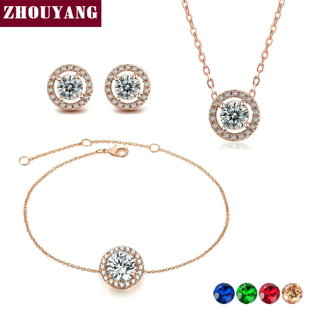 ZHOUYANG Jewelry Sets For Women Classic Round Cubic Zirconia 5 Color 3PCS Bracelet Necklace Earrings Fashion Jewelry S422 S430