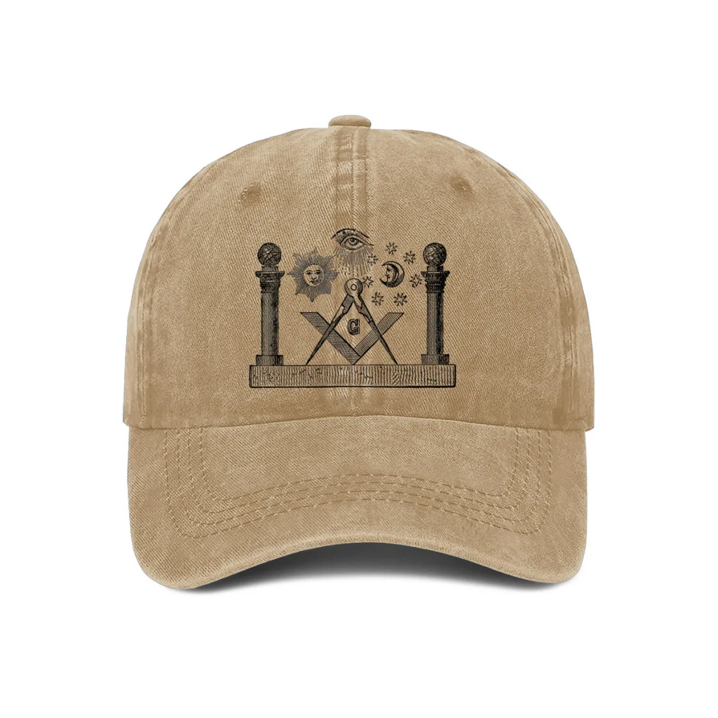 Washed Men\'s Baseball Cap Freemasonry Cool Trucker Snapback Caps Dad Hat Freemason Gold Square Compass Golf Hats