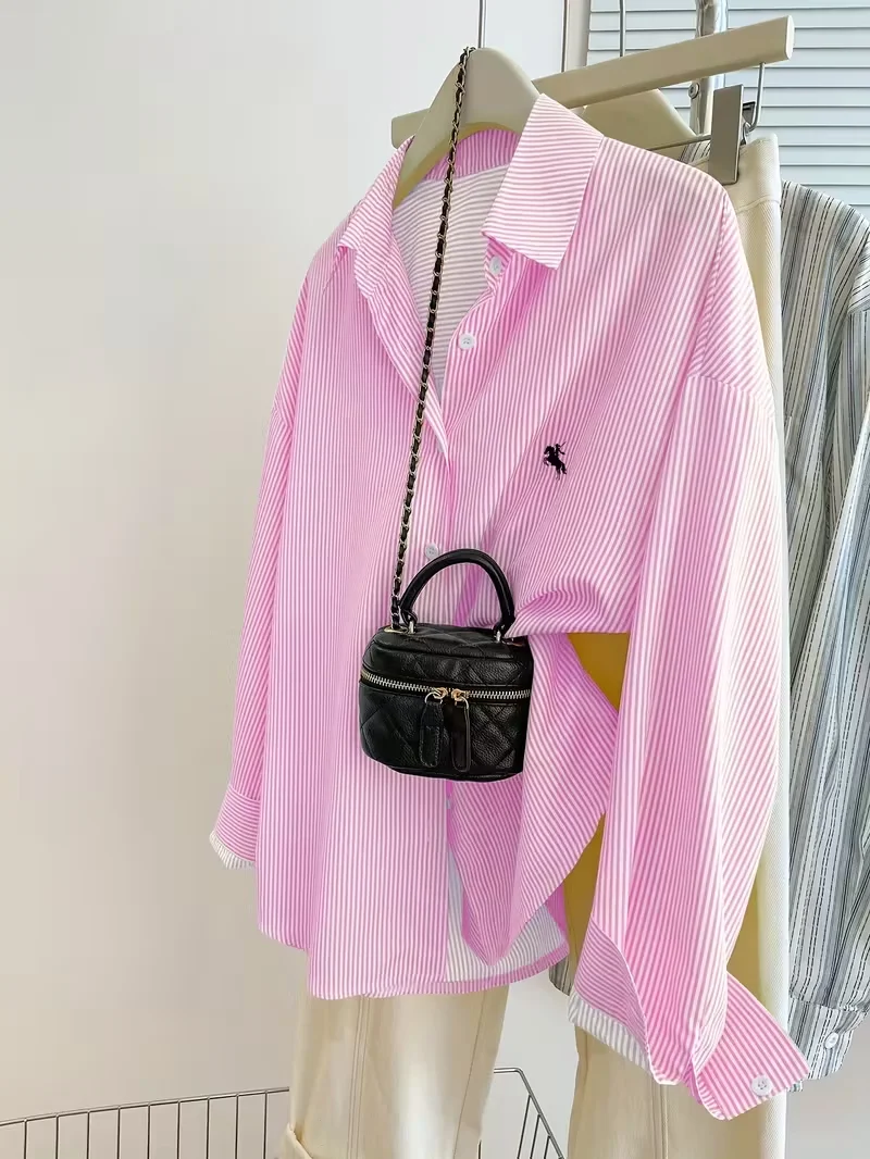 Women's Striped Knight Print Front Button-Up Casual Long Sleeve Shirt