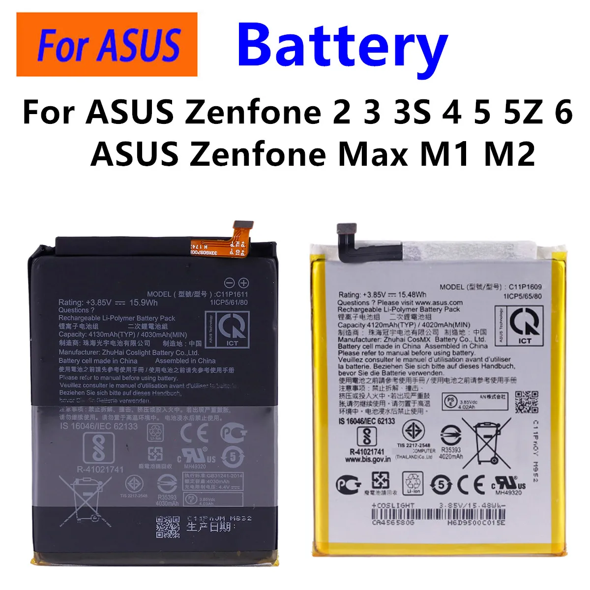 C11P1708 C11P1609 Battery For ASUS Zenfone 2 3 3S 4 5 5Z 6 Series/Max M1 M2 ZE520KL ZE551ML A500G A600CG Ze552kl ZE620KL Z01KD