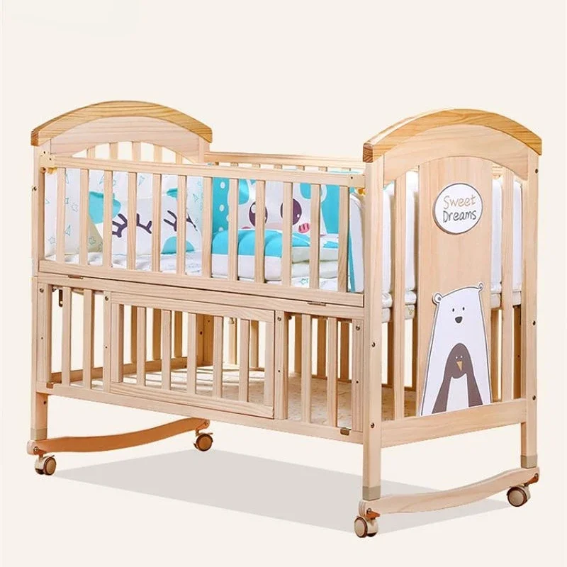 Solid wood crib Best selling solid pine wooden baby bed design/baby swing cot/baby crib attached adult bed