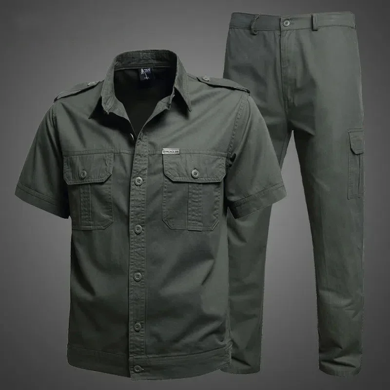 Spring Work Clothing Set Men Tactics Training Cotton Combat Cotton Shirts and Cargo Pants Army Green Causal Loose Suits Summer