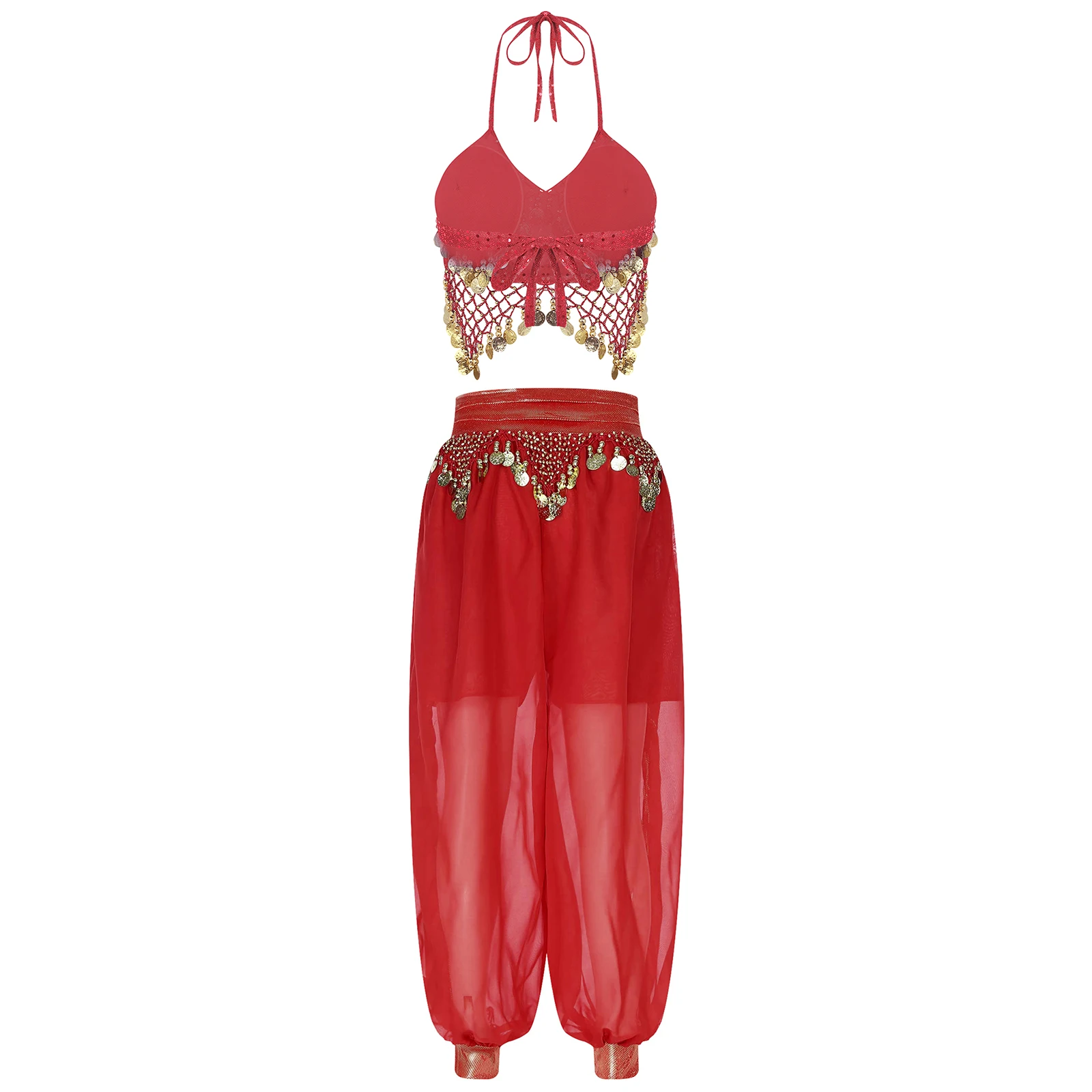 Women Sequins Belly Dance Costume Halter Neck Plastic Beads Crisp Tassel Lace-up Dance Crop Top And Side Split Loose Pants Set