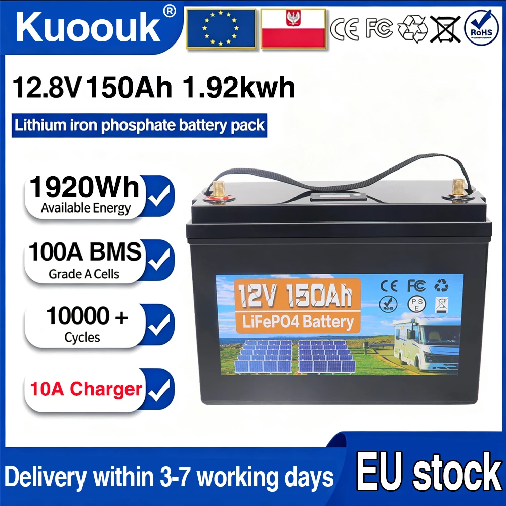 12V 150Ah LiFePO4-Batterie mit integriertem 100A BMS, Kälteschutz, 1920Wh Energie, Tiefzyklus, perfekt für Heim- / Outdoor-Stromversorgung