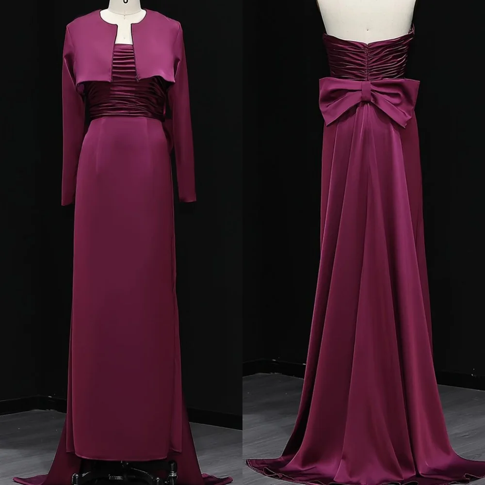 

Customized Delicate Dark Purple Satin Evening Dress Exquisite Strapless Long Sleeves Zipper Back Bow Mermaid Homecoming Dress