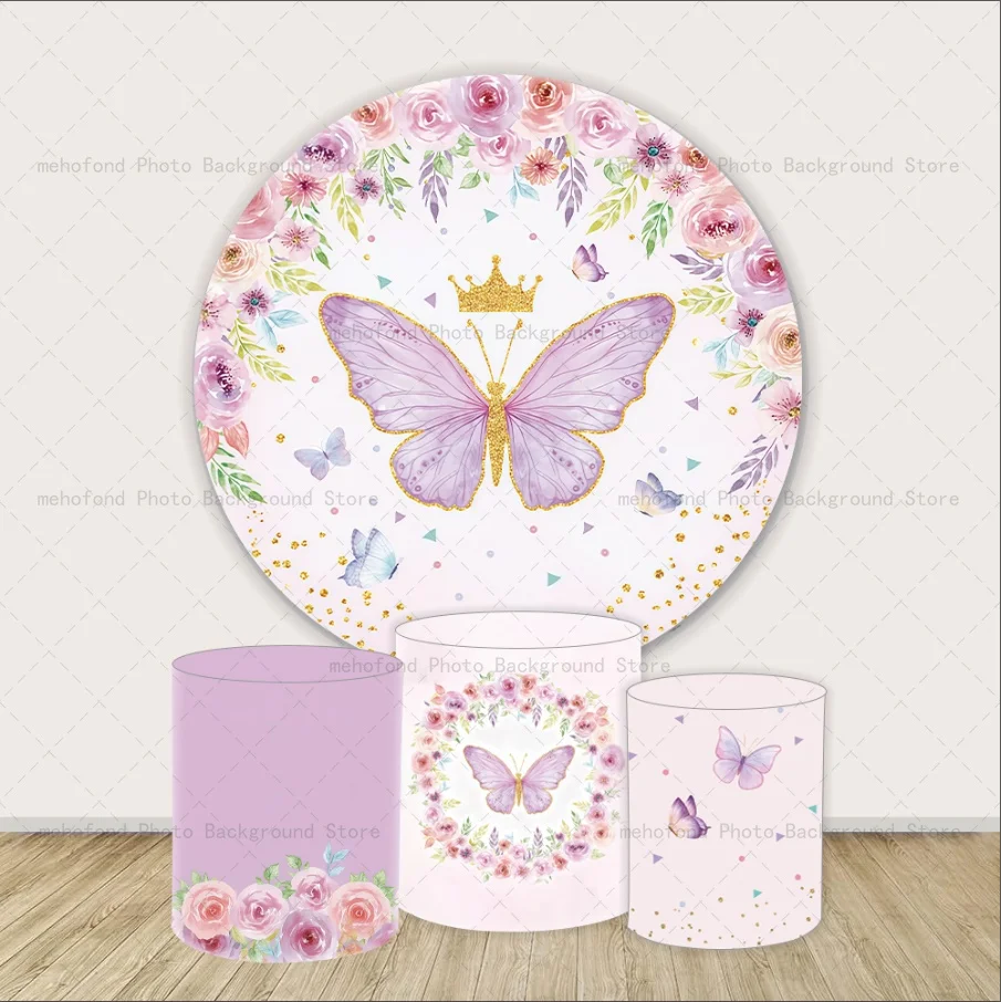 Mehofond Soft Fresh Butterfly Crown Circle Backdrop Cover Bridal Shower Round Elastic Floral Decor Cylinders Plinth Background