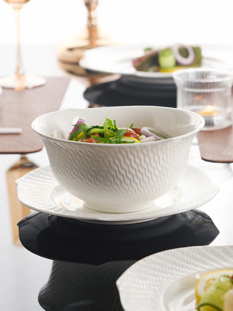 

Household rice noodle bowls, pure white bone china tableware, light luxury, high-end relief, geometric bowls, cereal bowls