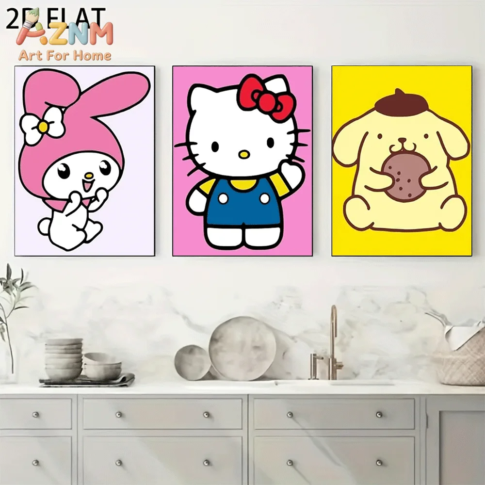 AZNM Sanrio Hello Kitty My Melody Pompompurin Canvas Wall Art Unframed Cute Cartoon Simple Solid Background Character Print Pain