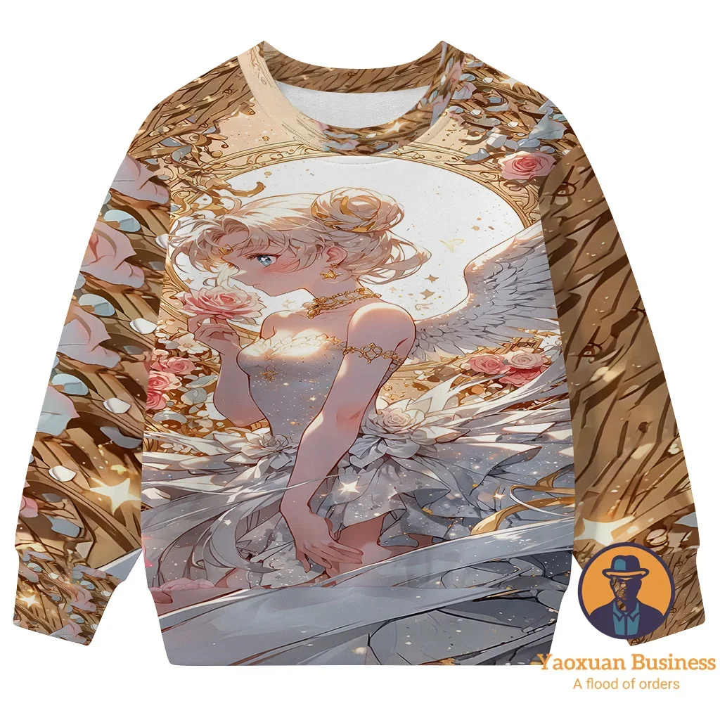 

Новинка 2024 года, свитшот с круглым вырезом с 3D мультяшным принтом «Сейлор Мун» для мальчиков и девочек, милый теплый ветрозащитный свитшот на осень и зиму для детей