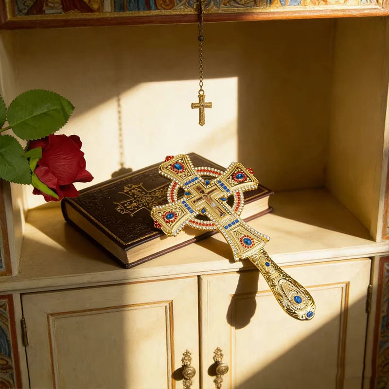 New 2026 Gold-Plated Orthodox Handheld Blessing Cross Red & Blue Crystal Inlay with Crucifix Icon Premium Christian Liturgy Gift