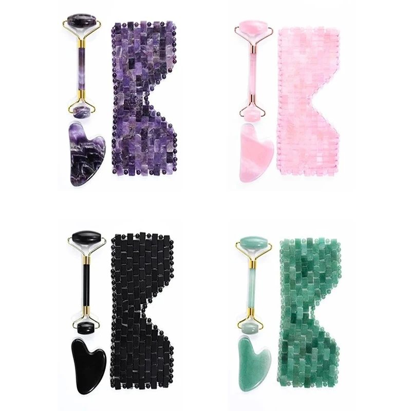 3Pcs Quartz Eye Mask Jade Roller Gua Sha Set Cooling Therapy Eye Massage Stone Sleep Mask Face Massager Relax Eye Care Tool