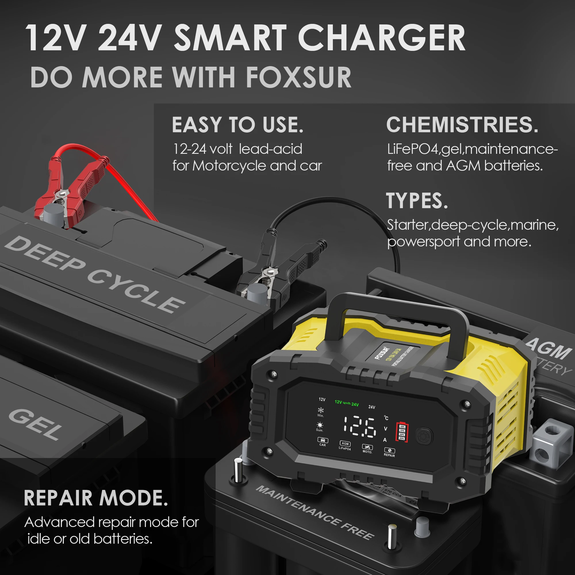 FOXSUR 12V-24V 10A 5A Car Battery Charger Portable Automatic Pulse Repair Charger for Lifepo4 AGM Lead-Acid Battery