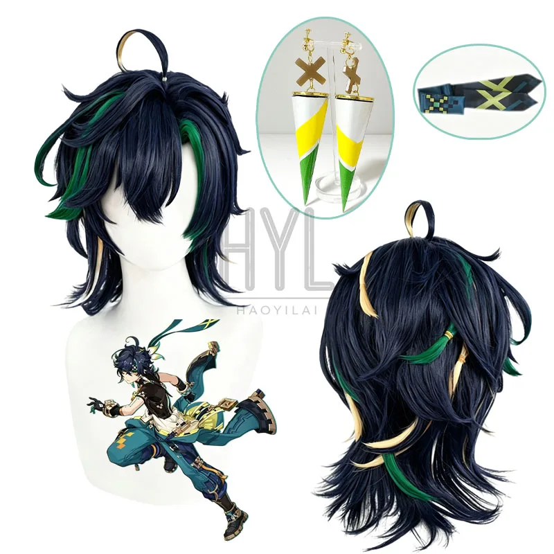 Game Genshin Impact Kinich Cosplay Wig Dark Blue Short Synthetic Hair Headband Earrings For Women Men Halloween Carnival Party