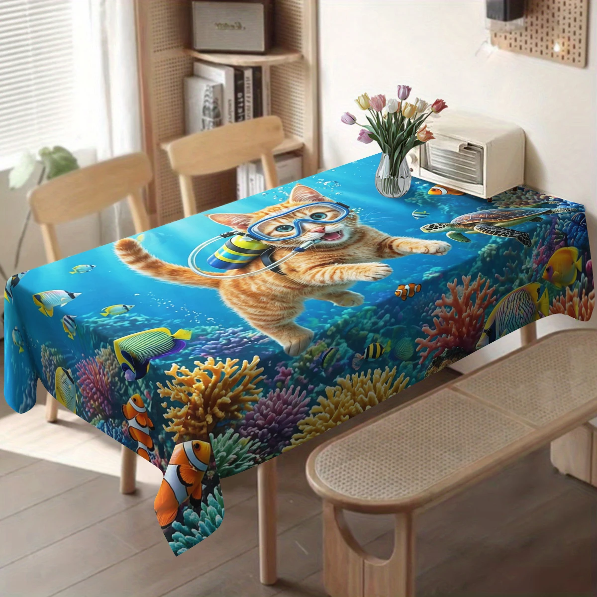 Vibrant Frog & Floral Pattern Polyester Tablecloth - Decorative Table Cover for Home Dining, Eye-catching Party Table Decoration