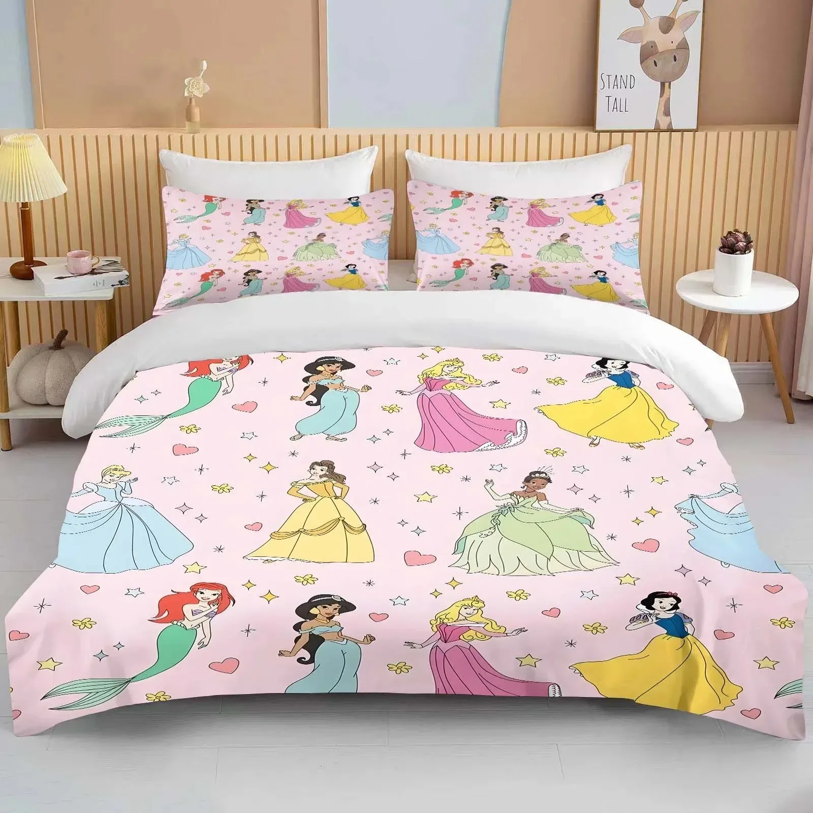 Disney Princess Snow White Bedding Set,Cinderella Ella Bed Cover,Ariel& Aurora Bed Cover,3D Children Rapunzel Bedding Set