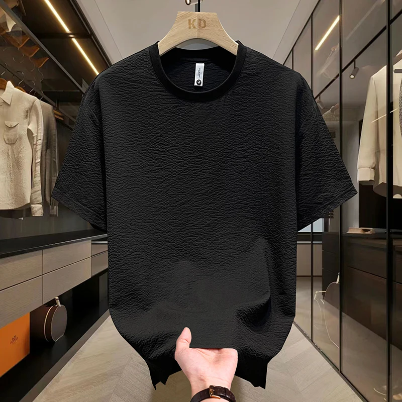 Summer Textured Seersucker Tee For Men Slim Fit Round Neck Short Sleeve Shirt Lightweight Breathable Top Mens Summer T Shirt image 3