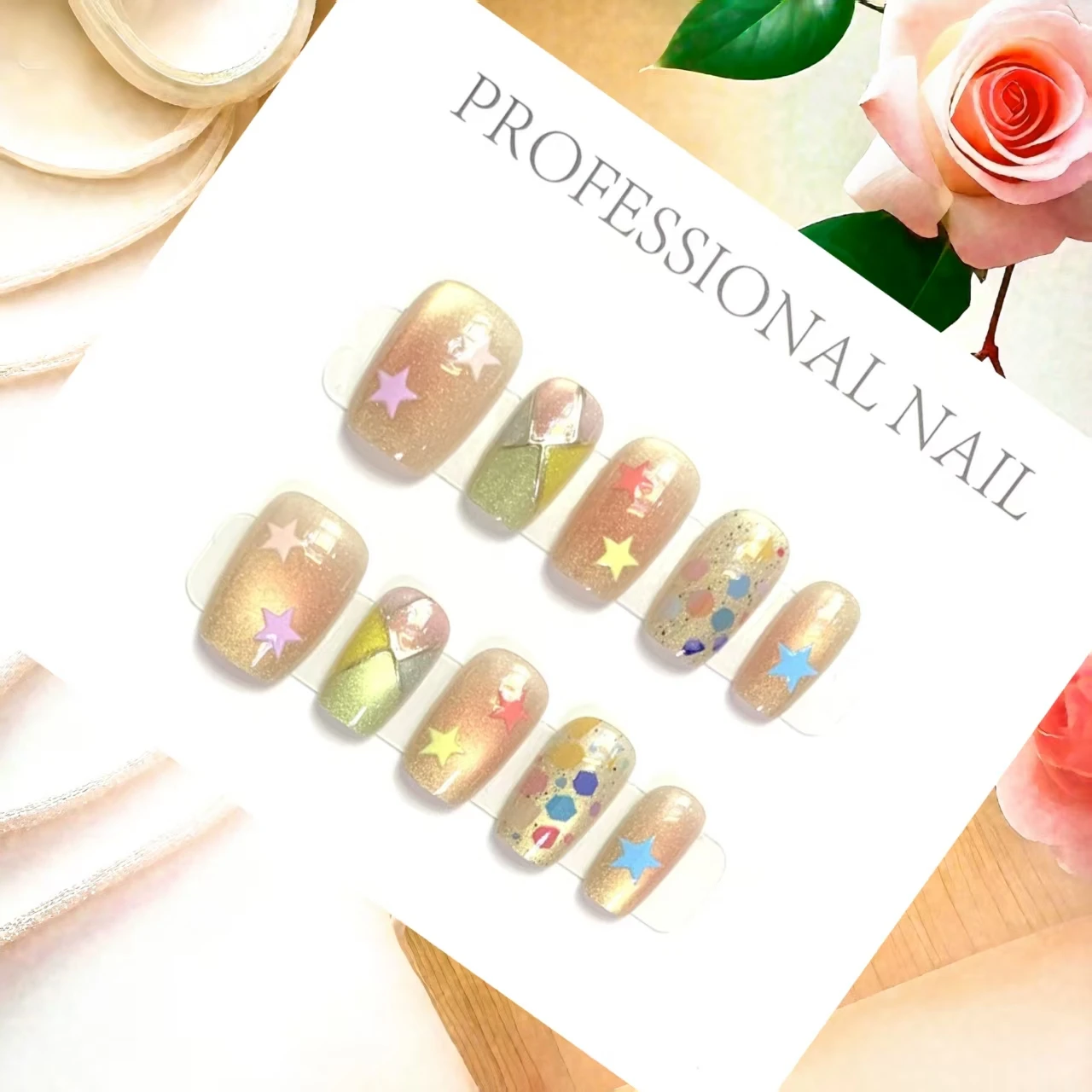 

10PCS Luxury Handmade Nails Set Ultra Short Ladder Tangram Art Design With 4-PIECE Tools Super-Strong Nail Adhesive Tabs