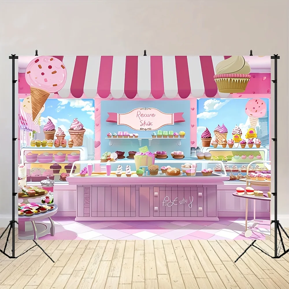 Ice cream shop background, summer pink sweet candy princess girl shower, birthday photography background, donuts