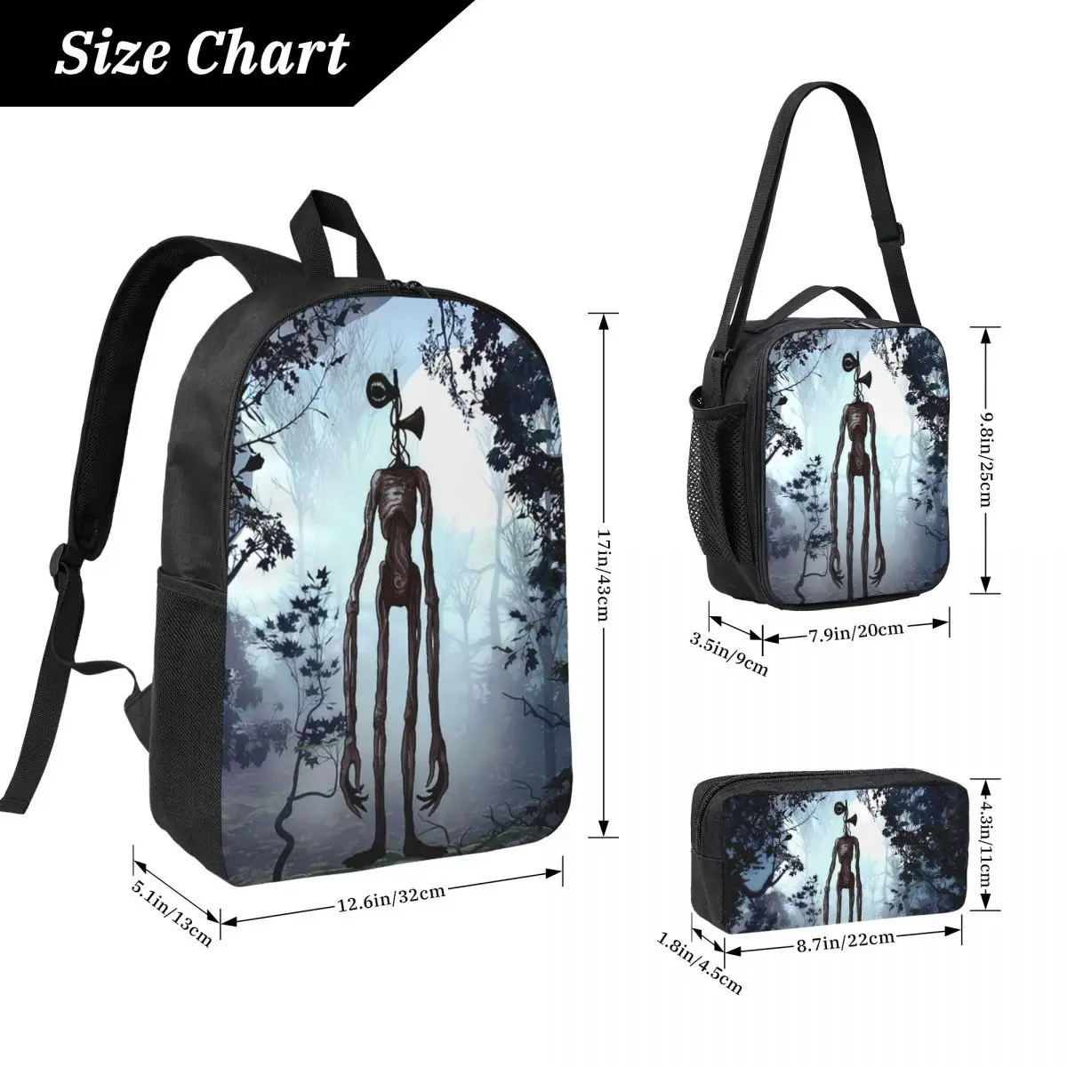 Siren Head In Dark Forest Backpack Boys Girls BookBag School Bag Computer Shoulder Bags 3ps Insulated Lunch Bag Pencil Case