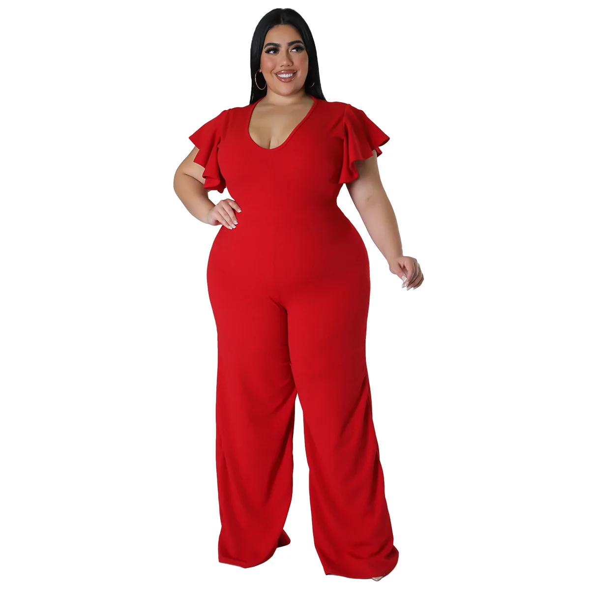 Big Size Loose Wide Leg Pants Fashion Women Jumpsuit V Neck Ruffles Short Sleeves Solid Elegant Office Lady Party Rompers 4XL