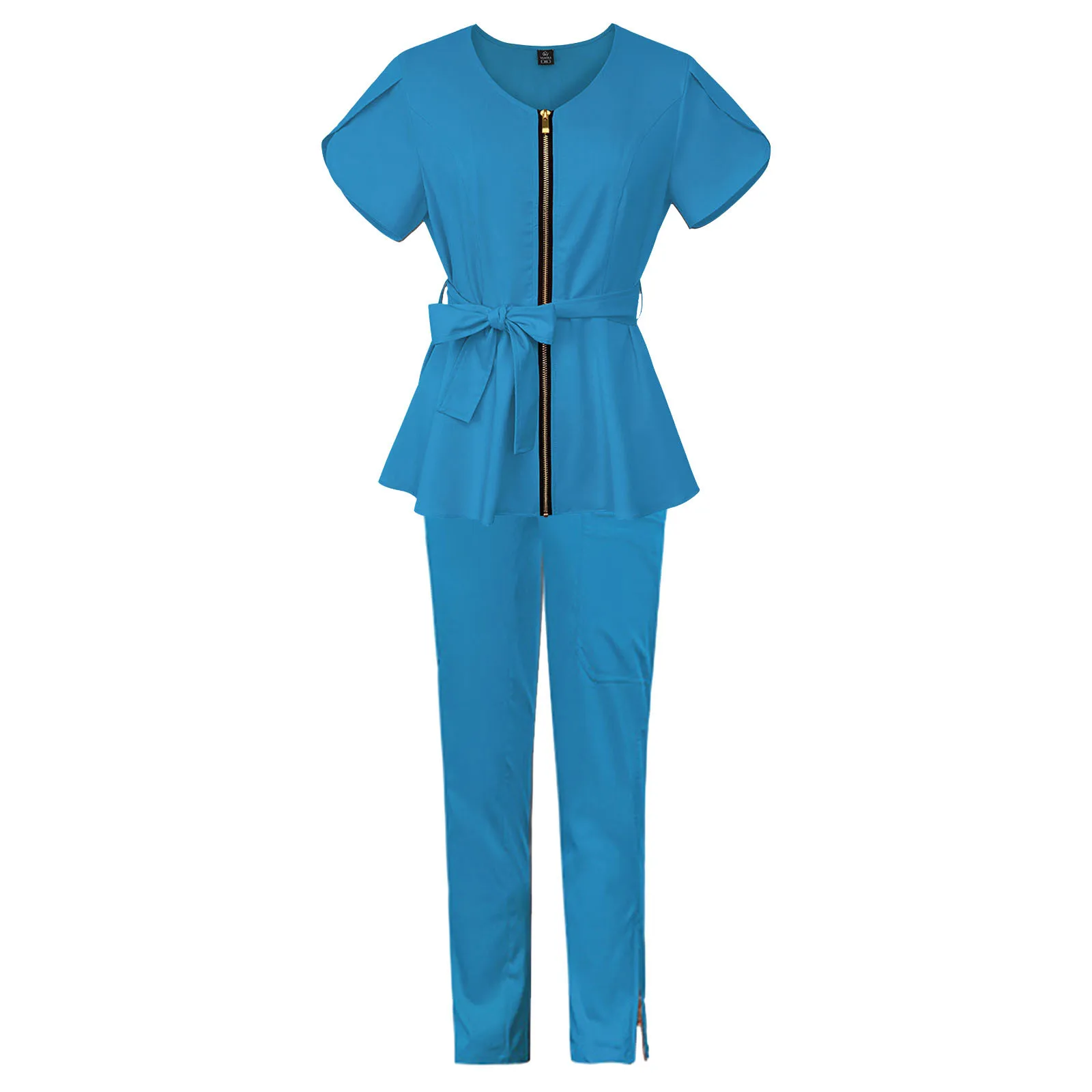 

Women Uniforms Solid Color Tie Waist Short Sleeve Zipper Clothes Plus Size Scrub Elastic Pants Two Piece Set Suits For Women