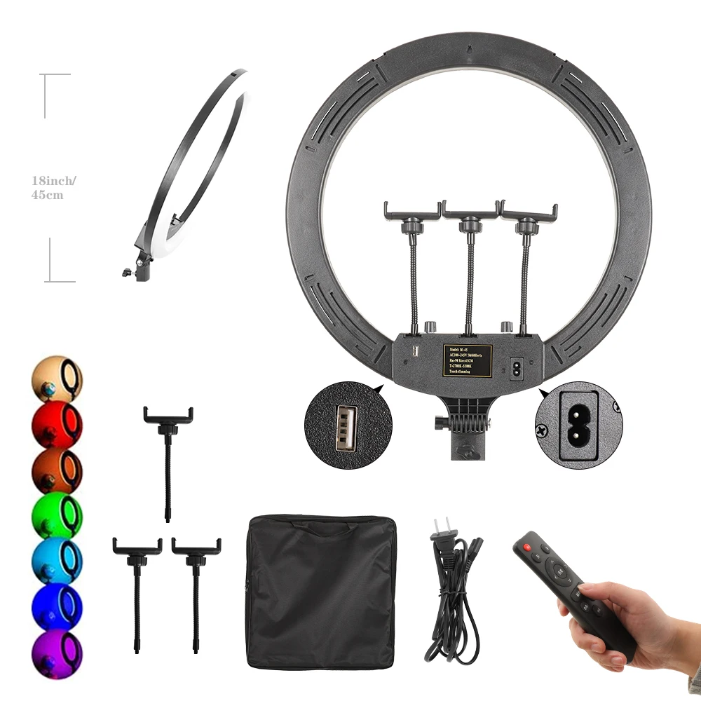 

Dimmable Selfie Ring Lamp 18 Inch RGB Ring Light Photography With Tripod Phone Clip For Live Make Up Youtube Photography Studio