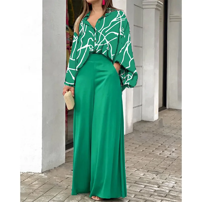 

South America Women's New2024Printed Casual Suit Loose plus Size Lapels Shirt High Waist Wide Leg Pants Two-Piece Set