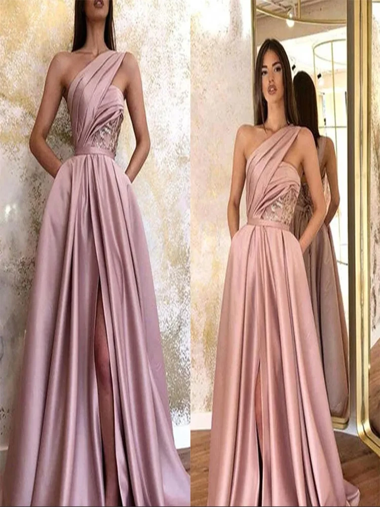 Dusty Pink Split  A Line One Shoulder Evening Dresses Arabic Stylish  Prom Gowns Women Occasion Formal Vestidos Custom made