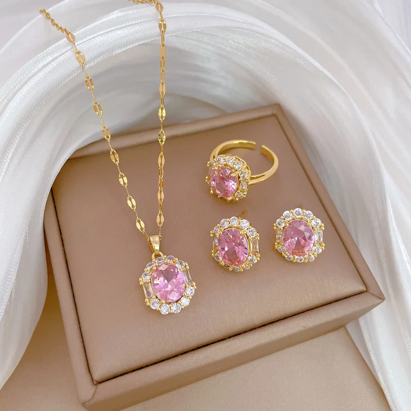 Royal Court Style Pink Egg Crystal Necklace Earrings Ring Set Women Wedding Jewelry Girls Party Gift