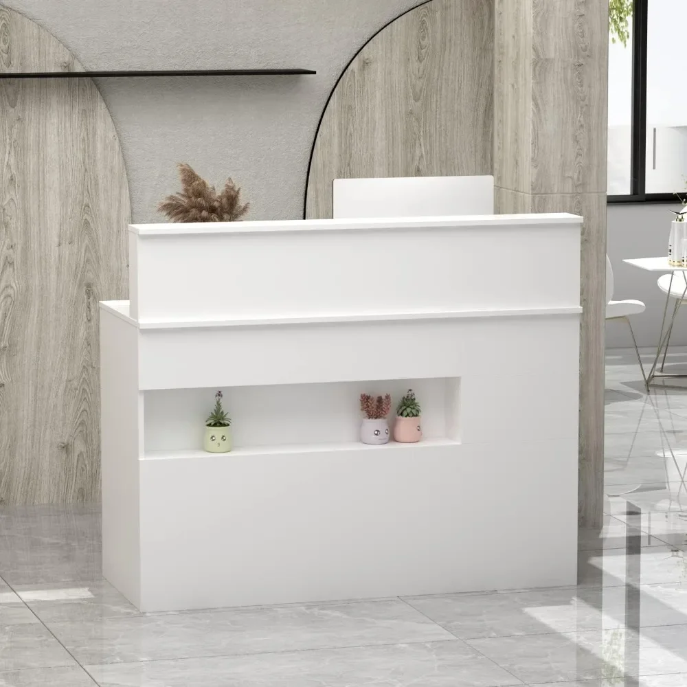 Reception Desk with Light, Display Shelf & Lockable Drawers, Office Desk Reception Counter Table with Keyboard Tray and Door image 4