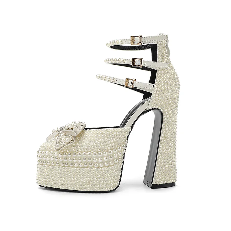 Wedding Women Pumps Spring Autumn PU 13CM Thick High Heels Pointed Toe Shallow Slip-On Rhinestone Bowknot Shoes for Women White