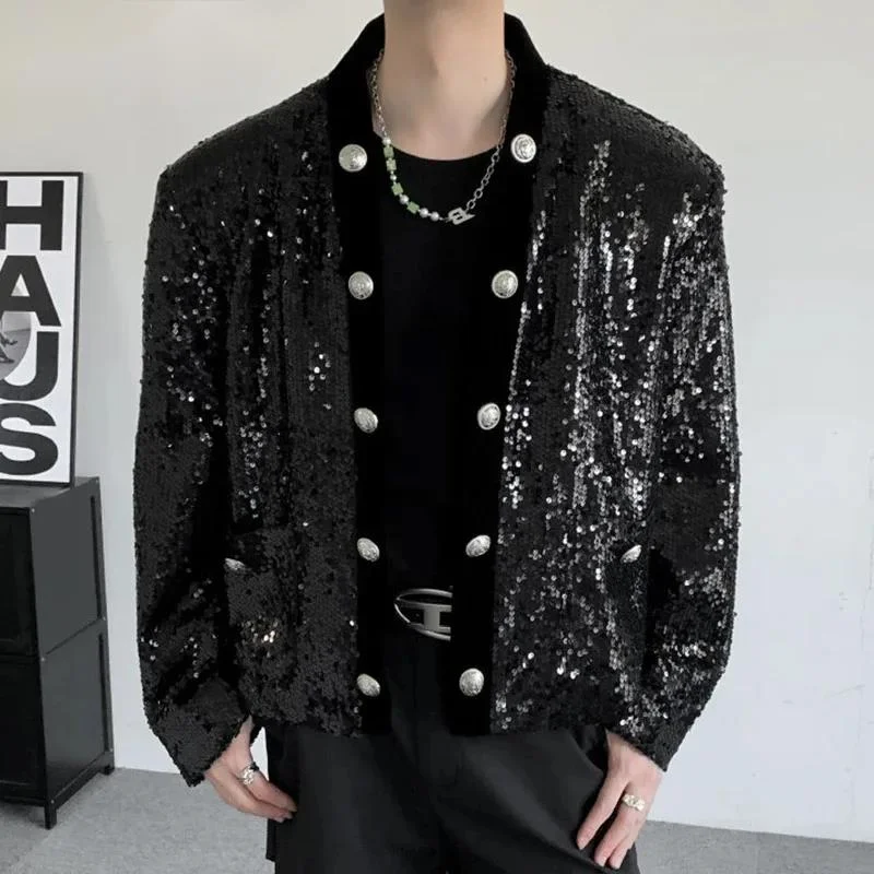 Spring Fashion New Star Short Men's Jacket Sequined 2025 Long Sleeve Streetwear Casual Male Tops Loose DCF5