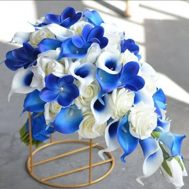

PEORCHID Real Touch Calla Lily Waterfall Wedding Bouquet For Bride Royal Blue Plumerias Faux Bridesmaid Bridal Flower Bouquets