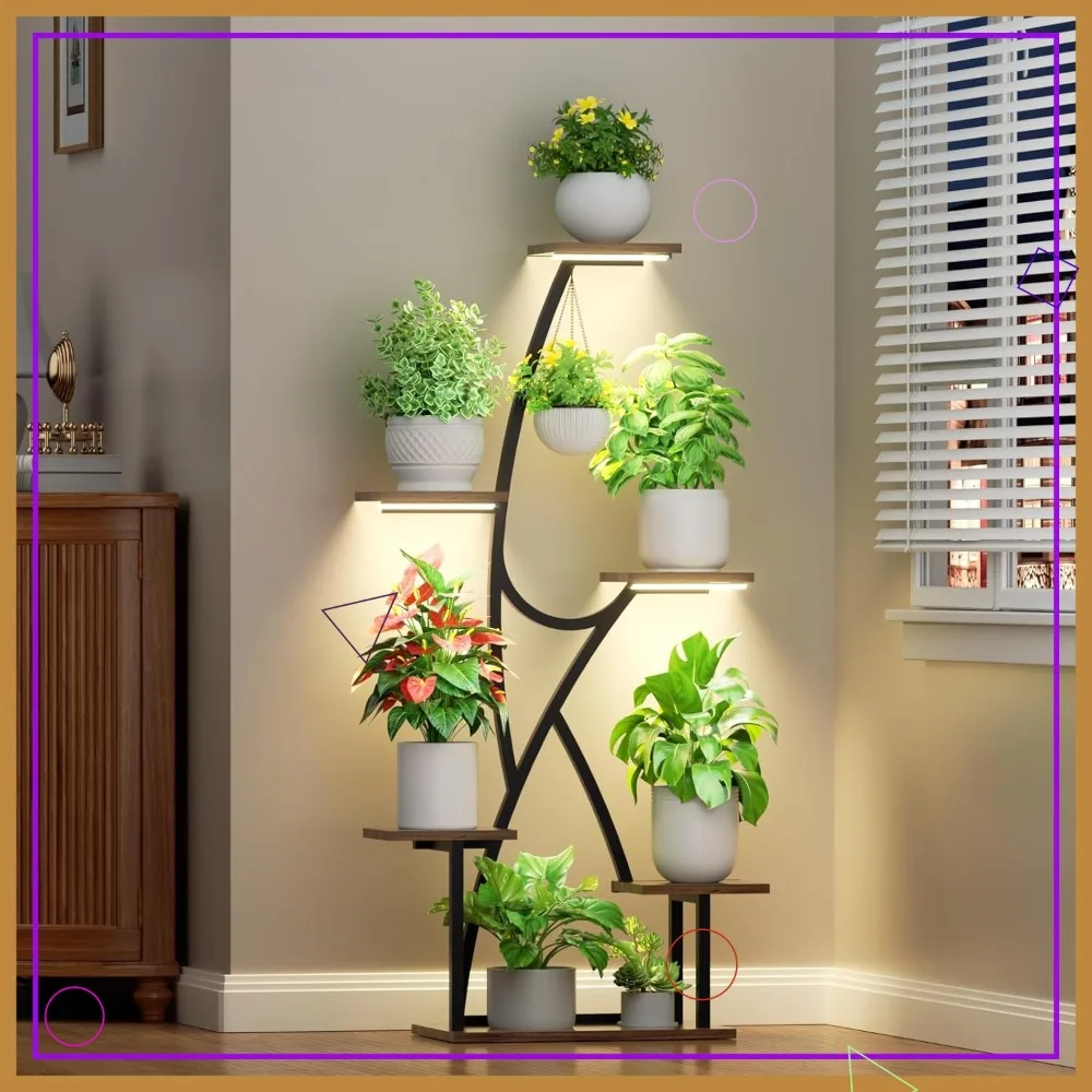 

6-Tier Metal Plant Stand with Grow Lights, 45.2" Indoor Corner Shelf for Plants, Flowers in Living Room Patio Balcony Decor