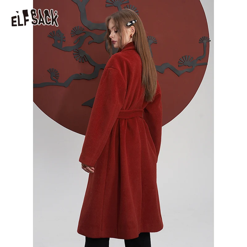 ELFSACK Red Warm Coats Women 2023 Winter Mid-length Christmas and New Year Outwears