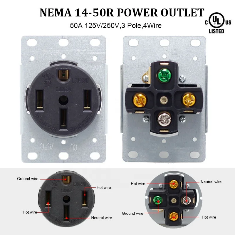 Industrial Grade 50 Amp NEMA 14-50R Wall Socket 125/250V Flush Mounting 3P 4W Power Outlet Charging Pile US 125/250V Flush - view 6