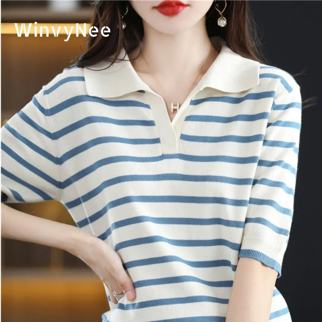 

WinvyNee Summer Short Sleeve Women's Solid Polo T-shirt Casual Cotton Striped Top Women's Clothing Casual Knitted Tops A1002001A