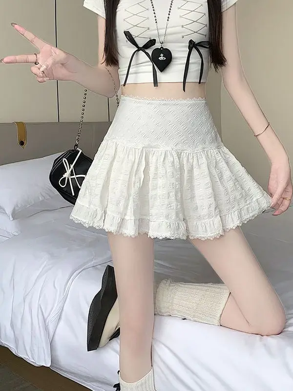 

Новая летняя женская модная короткая юбка А-силуэта с кружевной отделкой в балетном стиле, юбка-тортик, маленький размер, корейская версия